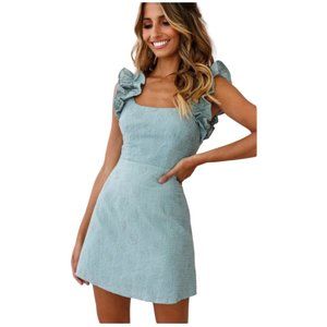 Selfie Leslie Annie Ruffle Shoulder Strap Mini Dress Olive Embroidered